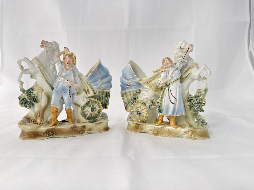 Antique Pair German Bisque Porcelain Boy and Girl with Horse Drawn Carriage (20431)