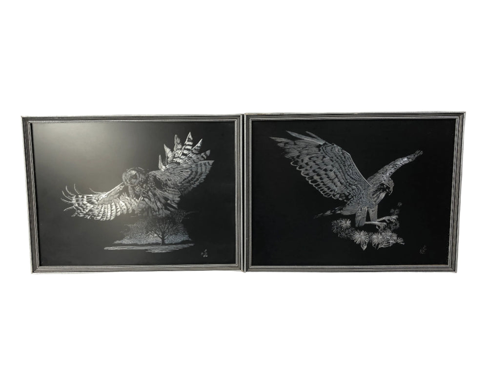 Owl Images -Engraved - Black & Silver x 2 (20246)