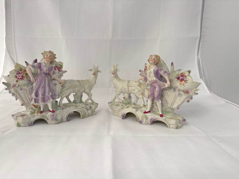 Antique Pair German Bisque Porcelain Boy and Girl with Goat Drawn Carriage (20431)