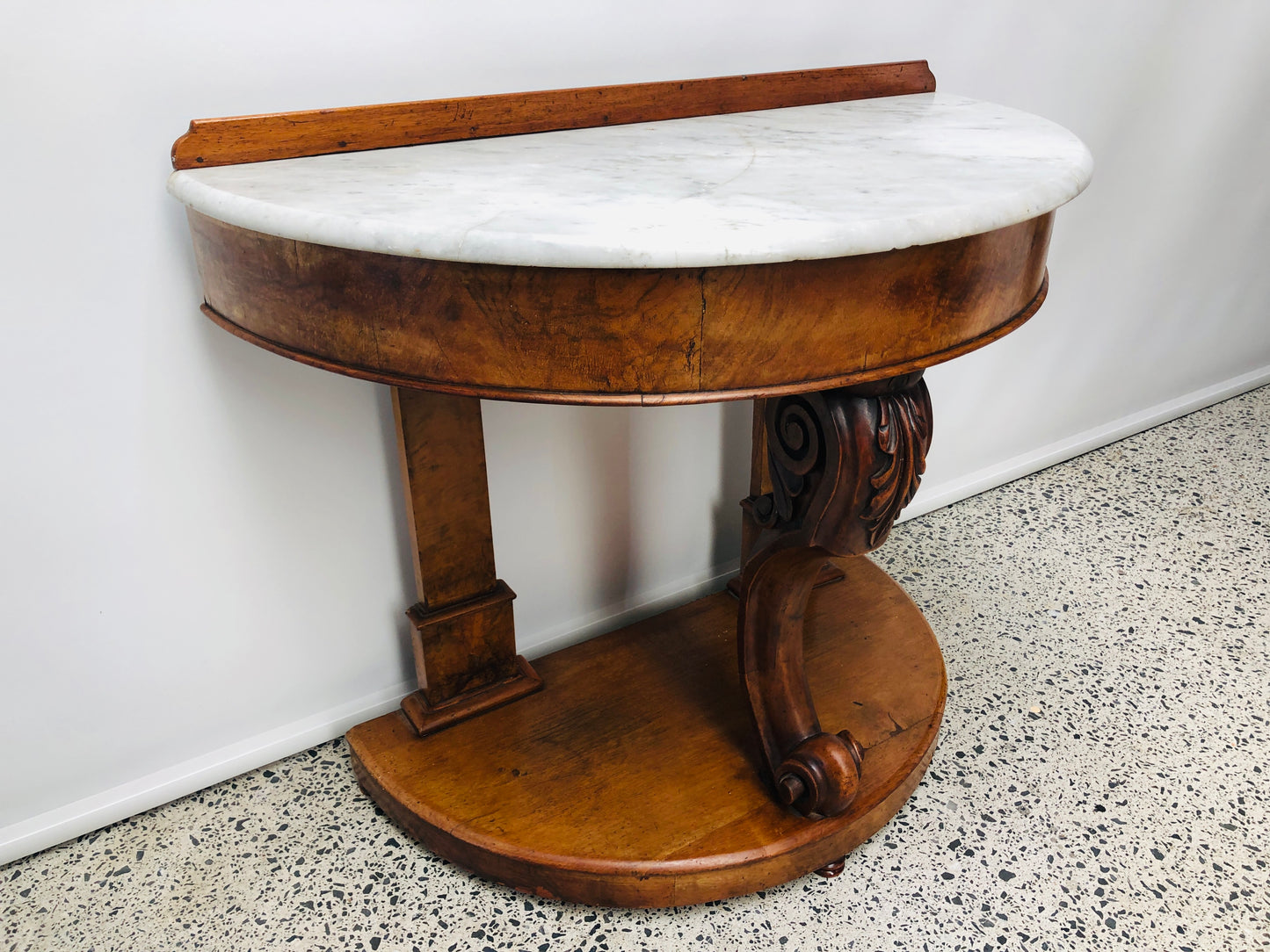 
                  
                    Walnut Burr and Marble Half Round Hall Table (21778)
                  
                