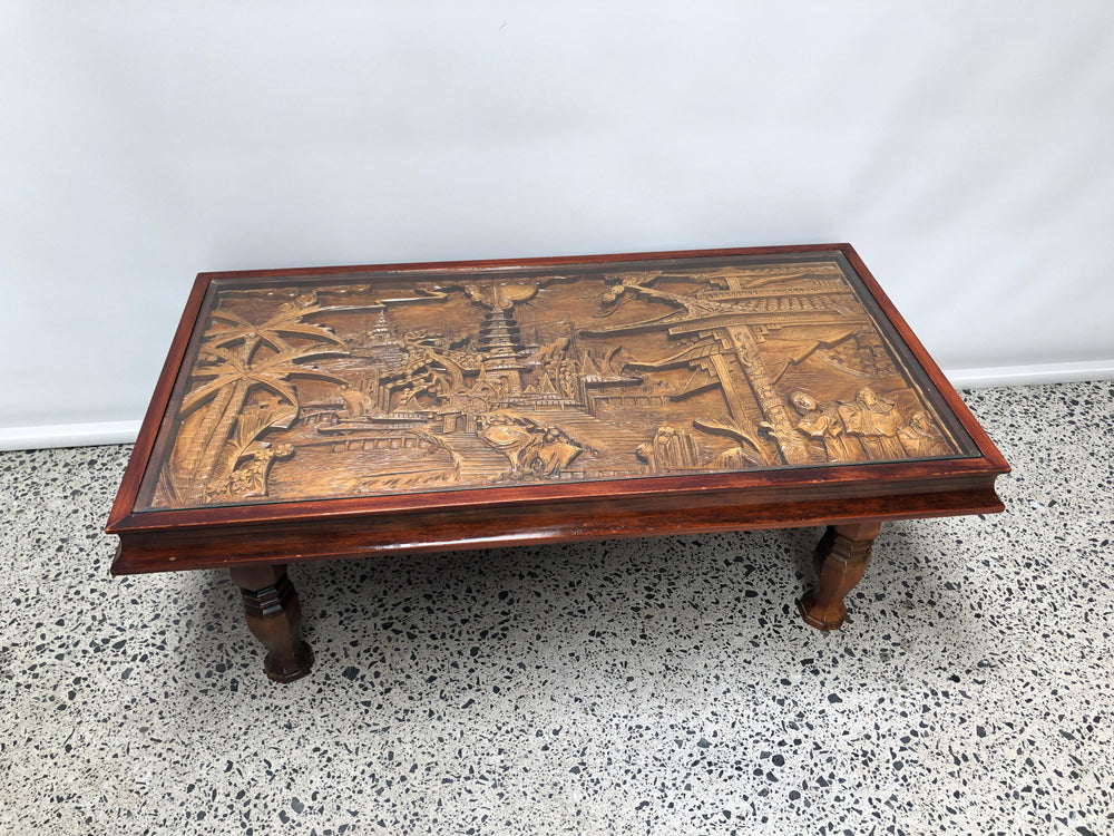 Oriental Carved Table with Glass Top (20137)