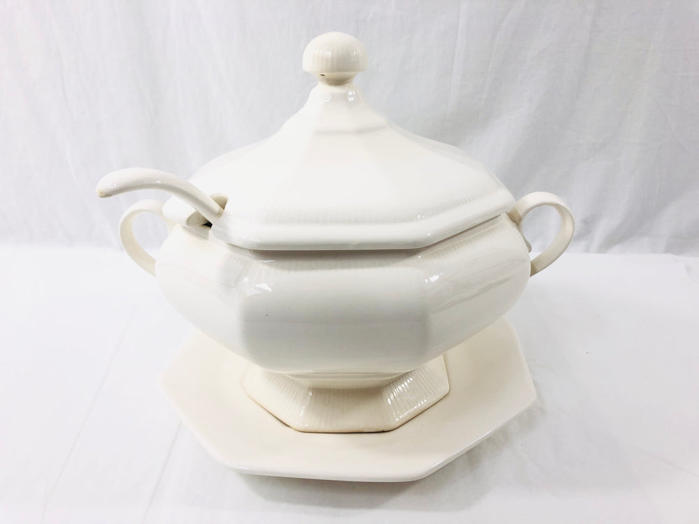 Large White Soup Tureen with Drip Plate and Ladle (20675)
