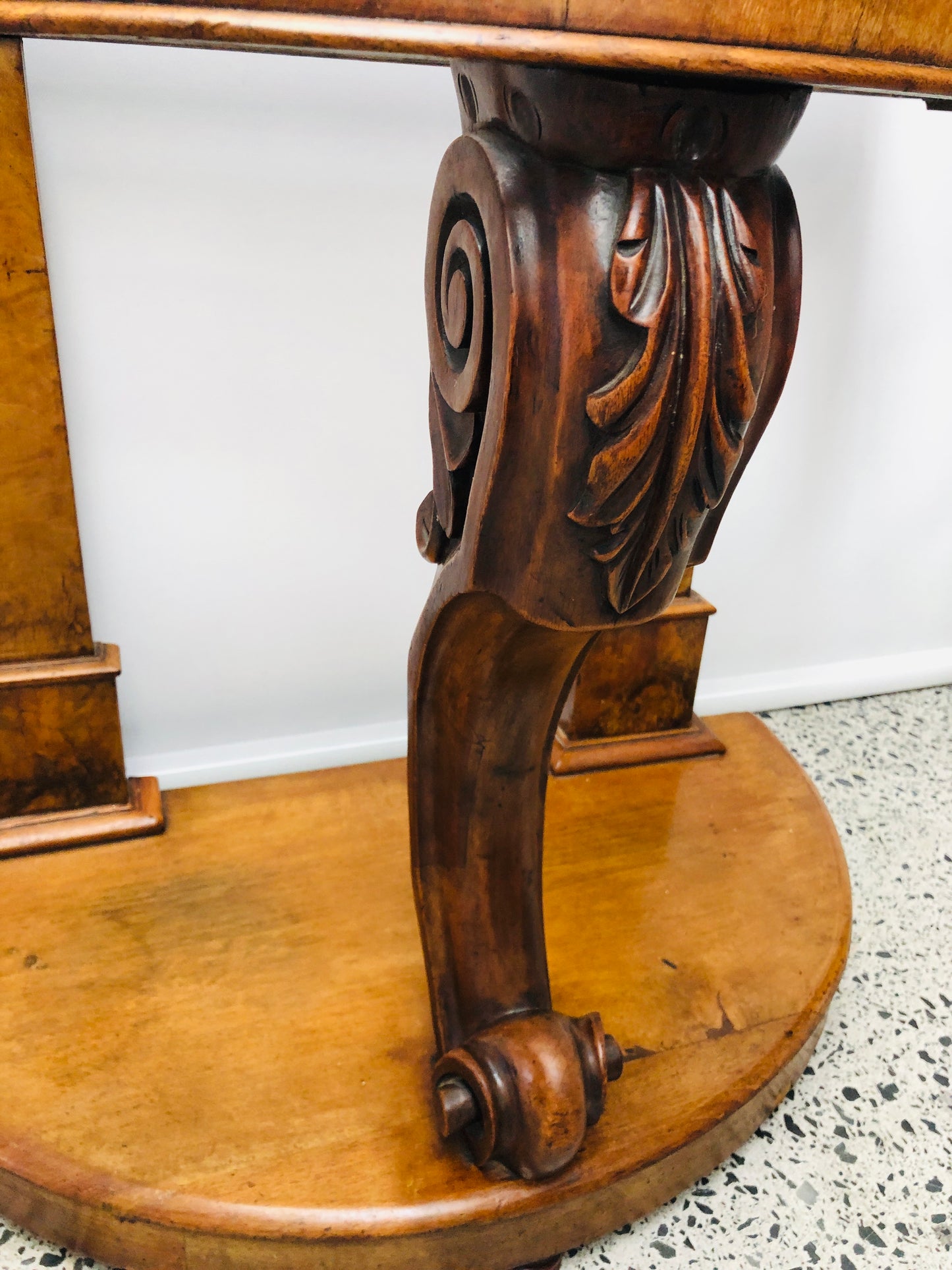 
                  
                    Walnut Burr and Marble Half Round Hall Table (21778)
                  
                