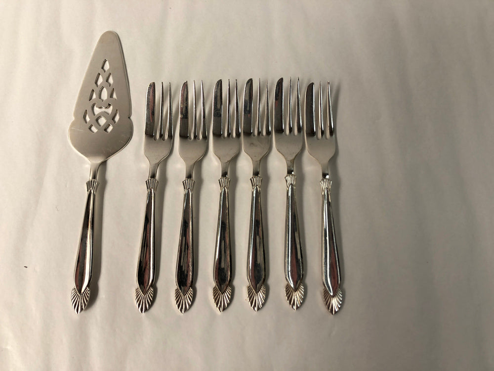
                  
                    Angora Silver Plate Art Deco Look Cake Forks and Server (16175)
                  
                