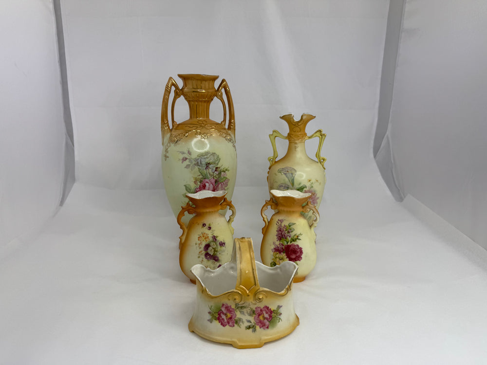 Five Austrian Two Handled Vases and Basket (21181)